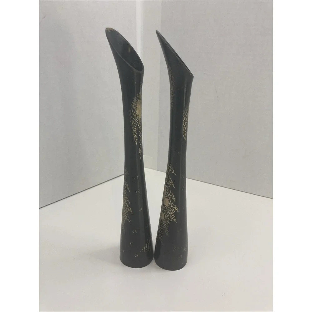 Set of 2 Vtg Solid Brass Black Gold Hand Etched Flower Design Vases 9.5 inch‎